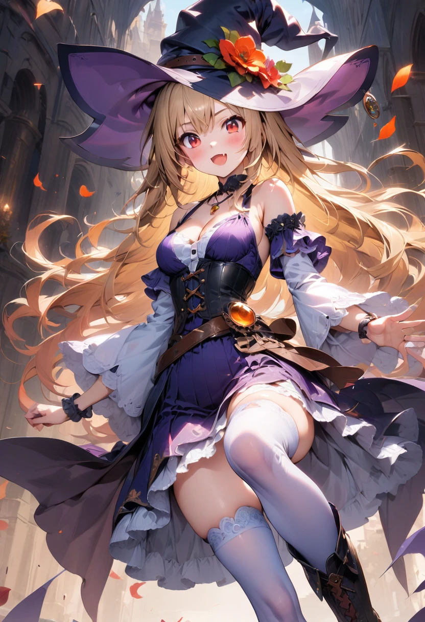 (masterpiece),(best quality),(ultra-detailed),(best illustration),(best shadow),(absurdres),(detailed background),(very aesthetic),1girl, solo, hat, blonde-hair, drill-hair, gloves, breasts, blue-eyes, witch-hat, thigh-boots, thighhighs, boots, elbow-gloves, open-mouth, staff, purple-headwear, smile, dress, full-body, simple-background, cleavage, large-breasts, looking-at-viewer, purple-dress, very-long-hair, purple-gloves, holding, purple-footwear, wand standing-on-one-leg, twin-drills, holding-staff, witch, black-footwear, puffy-sleeves