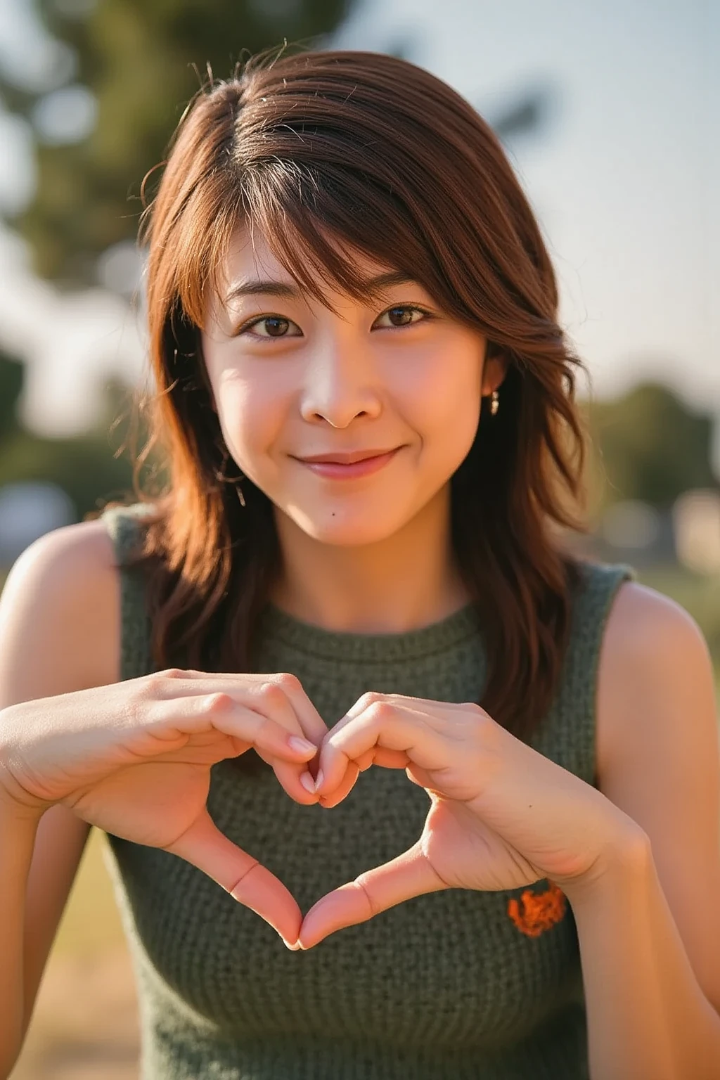    cute high school girl、 The background is a bright blue sky with a soft blur effect {x} staring at the camera with a slightly shy expression {x} posing with both hands making a firm big heart shape and holding it in front of her chest, 明るく楽しそうなsmile、 slightly embarrassed expression ,  staring at the camera ,  hair up to the shoulders 、Light waves 、 with bangs softly covering her forehead , 彼女は camisoleを着ており、A refreshing impression,  the background is a bright blue sky with a soft blur effect 、リアルなphotograph風のスタイル、 like it was taken with a professional camera , Soft natural light、(Healthy and young々Fresh skin)、 shot with a professional camera 、 she has a bright and happy smile 、High image quality  , 32K,     Extremely Accurate Anatomy   , masterpiece, Realistic,   very detailed , photograph,   Kampala , ((Heart shaped hands:2.78, Cute hairstyle)), Smoother light, Official Art,   Boundary depth description  ,  bright light, Detailed face, ((smile:1.0)),  eyes in the shape of a heart,    skin with real texture    ,   camisole