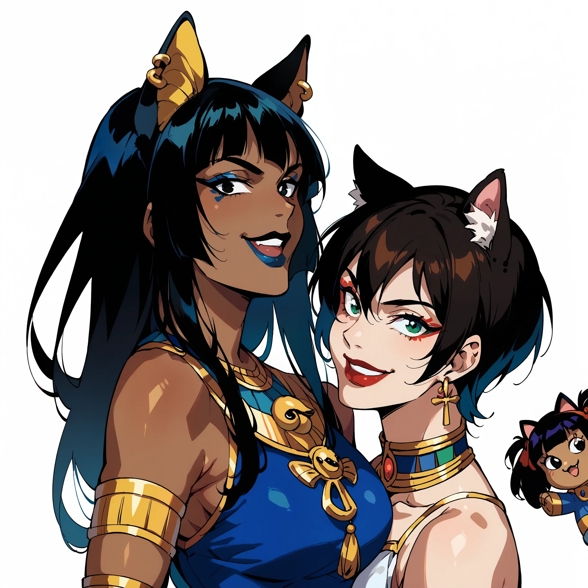 long hair, breasts,  looking at the viewer , smile, fringe, several girls,  brown-haired , breasts grandes, simple background, black hair, dress, white background, original, two girls, neckline, animal ears, bare shoulders,  hair between the eyes , jewelry, green eyes, upper body, toys, Language, cat ears, Dark skin, Language de fora, fringe cega, black eyes, OUTLINE, dress preto, mulher de Dark skin, makeup, lipstick, piercing, :p, cat girl, ear piercing , shadow, toys de argola, dress frente única, very dark skin, Egyptian