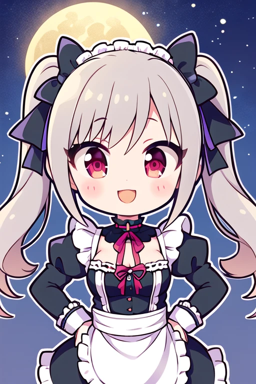 masterpiece,  best quality ,  Kampala, Arlanco, Long Hair,  twin tails, twin drills,  Hair Ribbon , medium breasts,  choker,  clevis, frills, gothic, dress,  Long Sleeve ,  Reach Out , smile,  opens her mouth,  Knight , city,  cowboy shot, moon,  Knight , ビクトリア朝の白いdressを着て, Maid, ビクトリア朝のdress, apron, leggings,  black pantyhose, ( upper body close-up ), place your hands on your hips,  fine needle 