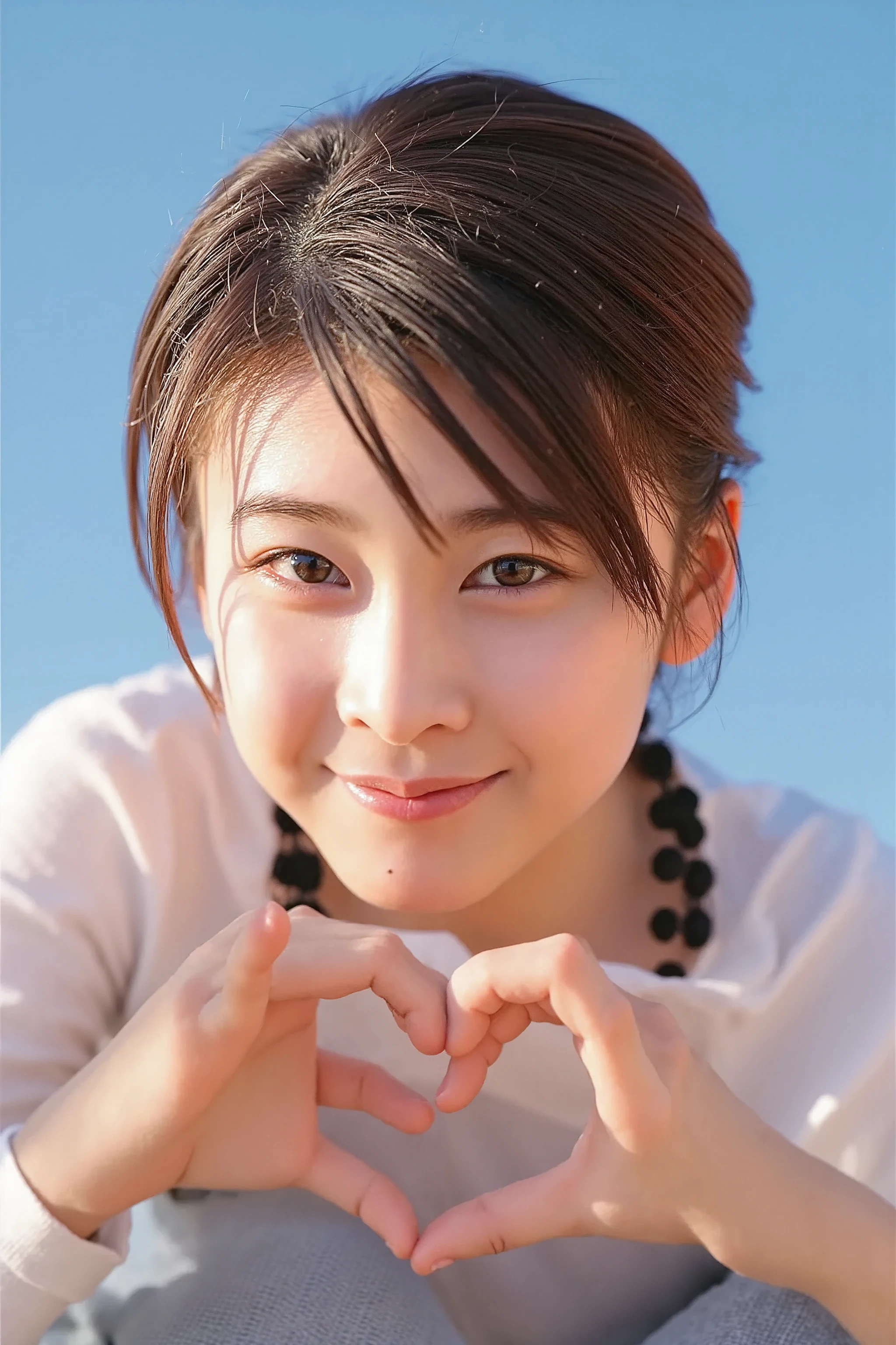    cute high school girl、 The background is a bright blue sky with a soft blur effect {x} staring at the camera with a slightly shy expression {x} posing with both hands making a firm big heart shape and holding it in front of her chest, 明るく楽しそうなsmile、 slightly embarrassed expression ,  staring at the camera ,  hair up to the shoulders 、Light waves 、 with bangs softly covering her forehead , 彼女は camisoleを着ており、A refreshing impression,  the background is a bright blue sky with a soft blur effect 、リアルなphotograph風のスタイル、 like it was taken with a professional camera , Soft natural light、(Healthy and young々Fresh skin)、 shot with a professional camera 、 she has a bright and happy smile 、High image quality  , 32K,     Extremely Accurate Anatomy   , masterpiece, Realistic,   very detailed , photograph,   Kampala , ((Heart shaped hands:2.78, Cute hairstyle)), Smoother light, Official Art,   Boundary depth description  ,  bright light, Detailed face, ((smile:1.0)),  eyes in the shape of a heart,    skin with real texture    ,   camisole