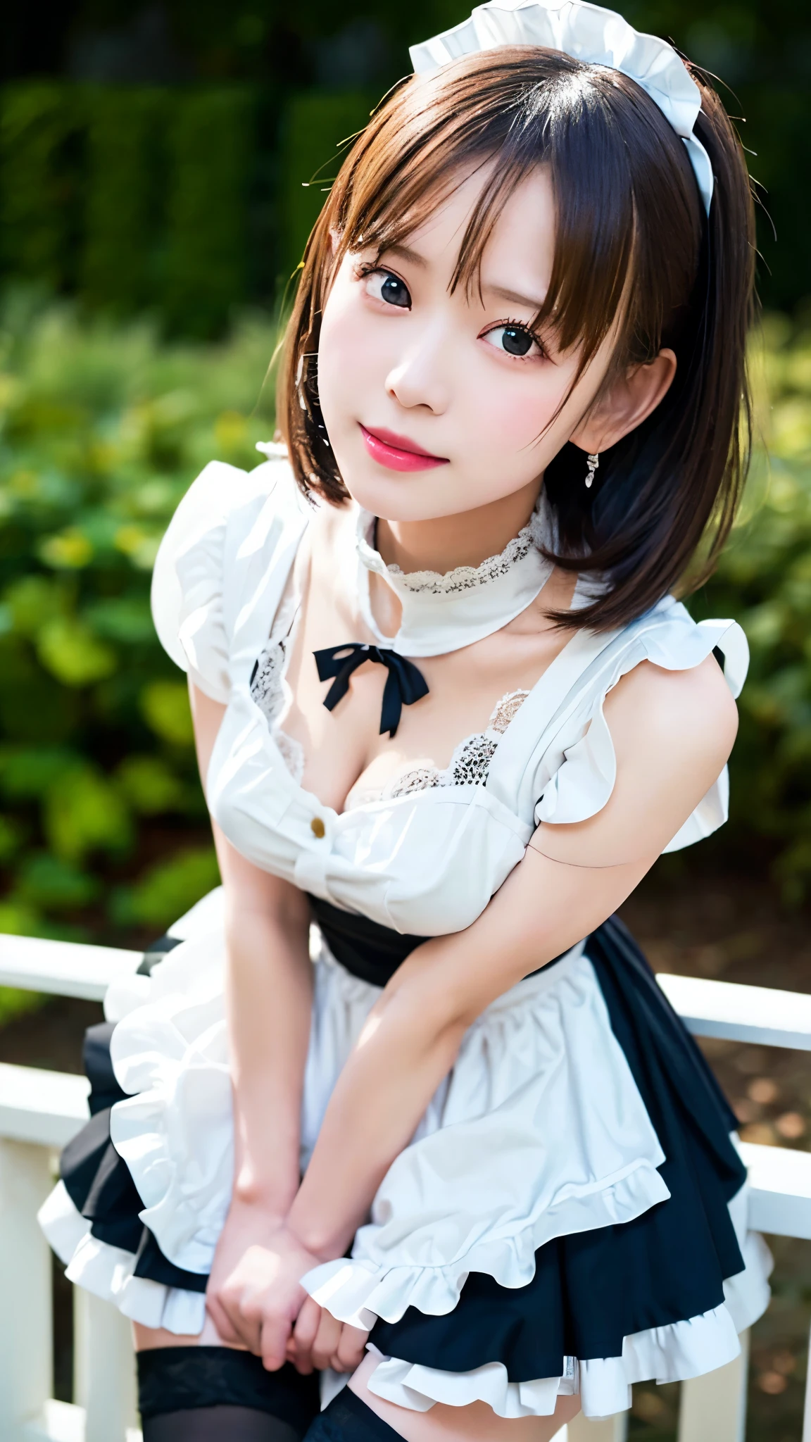 Beautiful white and shining skin、Chestnut hair that changes depending on the light、Long bangs between the eyes that obstruct the view、Cheek gloss highlights、Sexy and very beautiful nice gorgeous face、the most beautiful face in the world、short bob、Smooth straight hair、medium breasts、beautiful breasts、cleavage、Big and bright eyes、beautiful bangs、Beautiful and beautiful woman、small face beauty、natural smile、headdress、white blouse、black ribbon、puff sleeves、collar、choker、white apron with fine frills、black maid costume、Upper body、