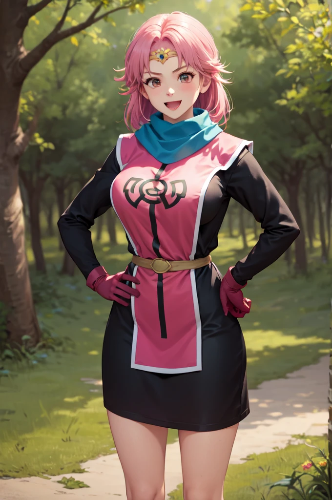 masterpiece,  best quality ,  Primam,  medium hair , Blue scarf,  circlet,  Short dress , Pink Tabard,  black sleeve, belt, Gloves,  staring at viewers , :d,  Furrowed brow , forest, Large Breasts,  staring at viewers , smile,  place your hands on your hips, village, forest