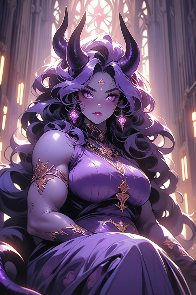 wide hips, evil smile, chubby, tall woman, very large breasts, tall, large, a long black hair, a black kimono with a blue circle made of stars to the left of the chest, two purple eyes with cat pupils that glow in the darkness, a metallic scorpion tail with a large stinger at the end, long black shorts that go up to the knee, light purple high boots and two black deer antlers on the head