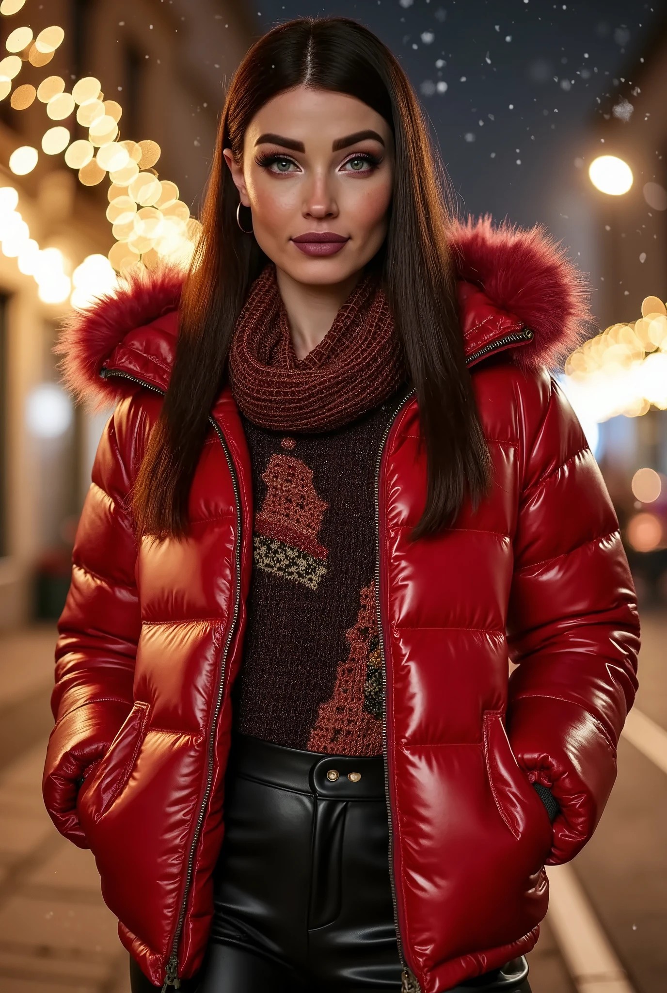 Natalie Mars (nat4liem4rsflx), photorealism, red shiny puffer down jacket and leather pants, winter scarf, warm dreamy lighting, city street with christmas decorations at night, many christmas lights in background, light snowfall, romantic and cinematic lighting