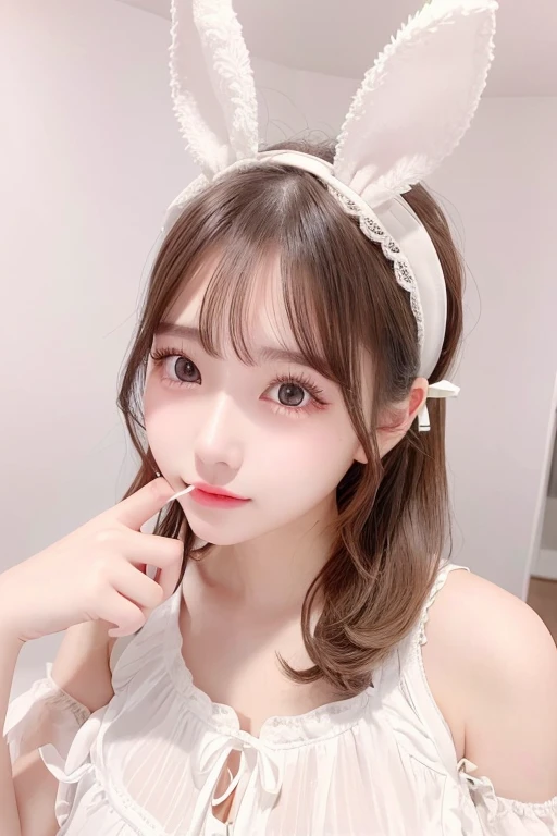 （8K、high resolution、High resolution、Fine details）Beautiful eyelashes、High resolutionの顔、Zoom out、18 years old、 Beautiful detailed eyes、Random cute hairstyles、C cup breasts、Rabbit eared headband、bunny