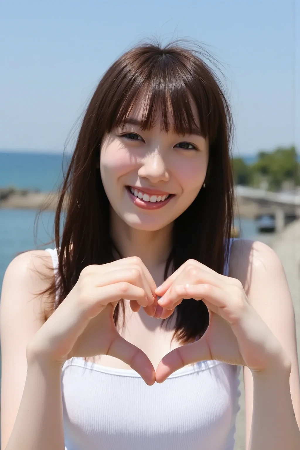    cute high school girl、 The background is a bright blue sky with a soft blur effect {x} staring at the camera with a slightly shy expression {x} posing with both hands making a firm big heart shape and holding it in front of her chest, 明るく楽しそうなsmile、 slightly embarrassed expression ,  staring at the camera ,  hair up to the shoulders 、Light waves 、 with bangs softly covering her forehead , 彼女は camisoleを着ており、A refreshing impression,  the background is a bright blue sky with a soft blur effect 、リアルなphotograph風のスタイル、 like it was taken with a professional camera , Soft natural light、(Healthy and young々Fresh skin)、 shot with a professional camera 、 she has a bright and happy smile 、High image quality  , 32K,     Extremely Accurate Anatomy   , masterpiece, Realistic,   very detailed , photograph,   Kampala , ((Heart shaped hands:2.78, Cute hairstyle)), Smoother light, Official Art,   Boundary depth description  ,  bright light, Detailed face, ((smile:1.0)),  eyes in the shape of a heart,    skin with real texture    ,   camisole