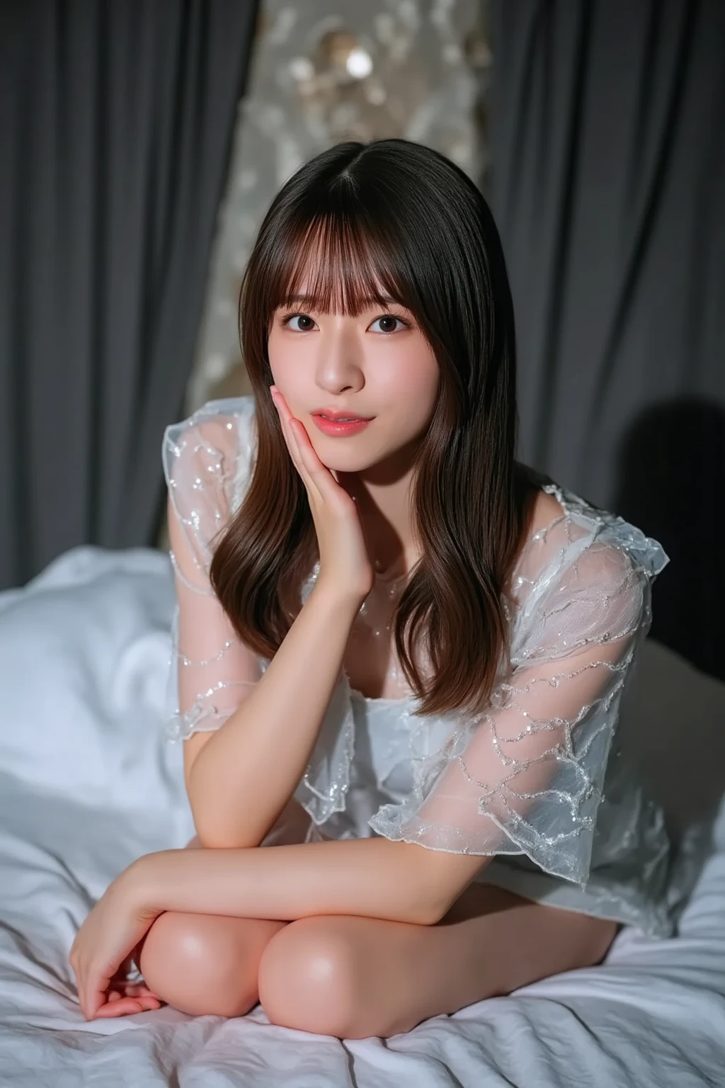  (((Best Quality, very detailed ,masterpiece, very detailed ))) ,(((Leg spread))),(( feet )),Loose breasts,A see-through camisole,one piece,裸feet,One Girl,Realistic,bedroom、 looks sleepy