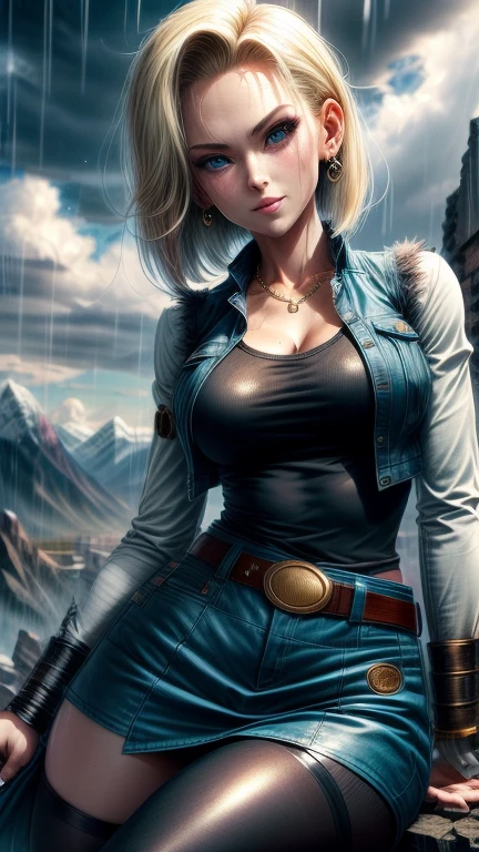 best quality, highres, and18, 1girl, android 18, solo, blonde hair, blue eyes, belt, tight blue demin skirt, gold_necklace, bracelet, closed fists, black shirt, short hair, long sleeves, earrings, open vest, denim vest, huge fake silicon breasts, cowboy shot, mountains, straight-on, (weather: raining and windy), wet clothes, fierce smile, combat stance, full length pantyhose, battle ruins, wide hips, thick legs, wet body,