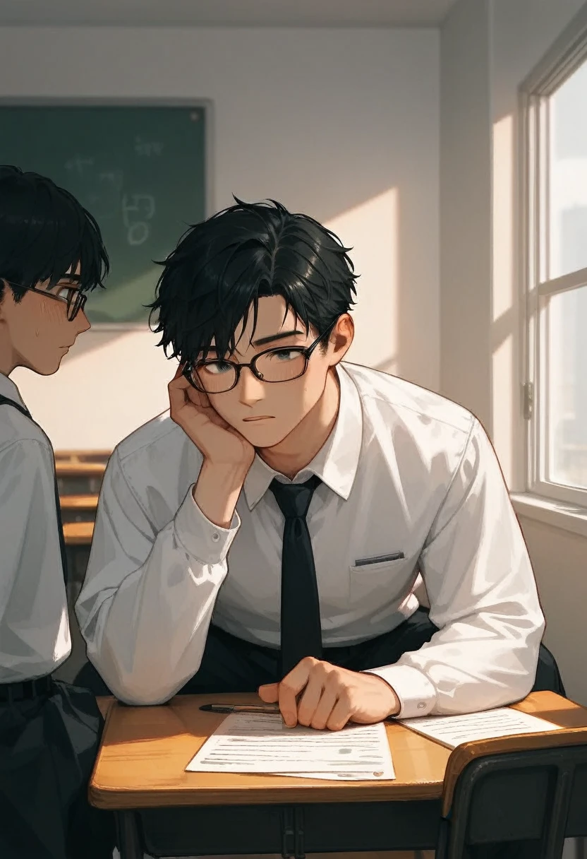  There are 2 Japanese men 。 the man on one side is tall and has short black hair 。 the other man has dark hair color, long bangs, and a young face 。The teacher man is wearing a suit and glasses 。High school boys don't have glasses、 wearing a school uniform with a white shirt and tie。The two are in love between men。High quality depictions so that both of them can be seen in a classroom with just the two of them。