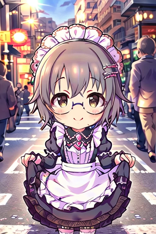 masterpiece,  best quality ,  Kampala,  Touch The Idolmaster ,  Maid headdress,  side lock, Glasses, frills, brooch, Maid,    Black Dress ,  puff sleeves,  Long Sleeve , Maid apron,  White Apron , Busy Street,running,sunny,  standing ,  skirt hold ,smile, (Perfect hands,  perfect anatomy)