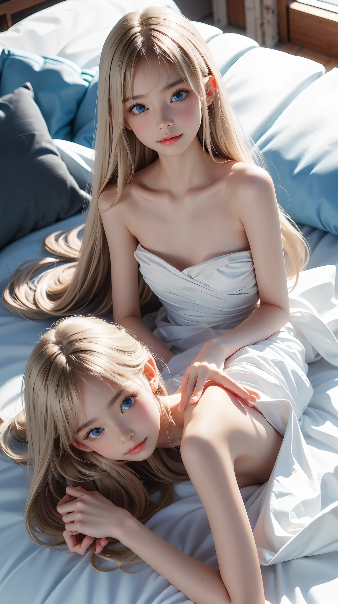 18yr old，年轻，ancient wind，photorealestic，Short cyan white skirt，white color hair，Long legs，adolable，Protective，Half recumbent，onbed，Hyper-realistic，8k，long whitr hair，cropped shoulders，Bare back