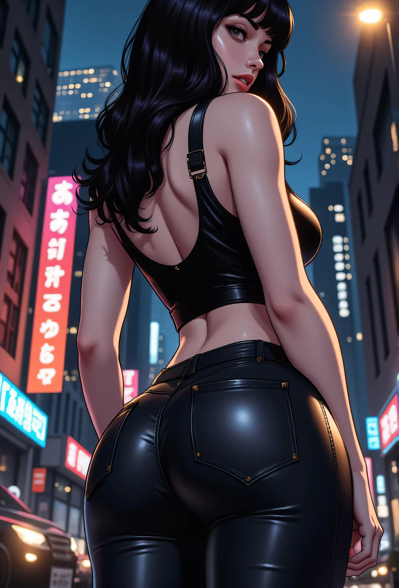 Comic illustration, stylized body, gothic woman wearing a black leather pants, skin tight, huge hips, huge Thighs, slim waist, wearing a crop top, dynamic pose, posing, sensual gaze, street background, cyber city night, upskirt, back view, the image is from below the woman with a stunning perspective