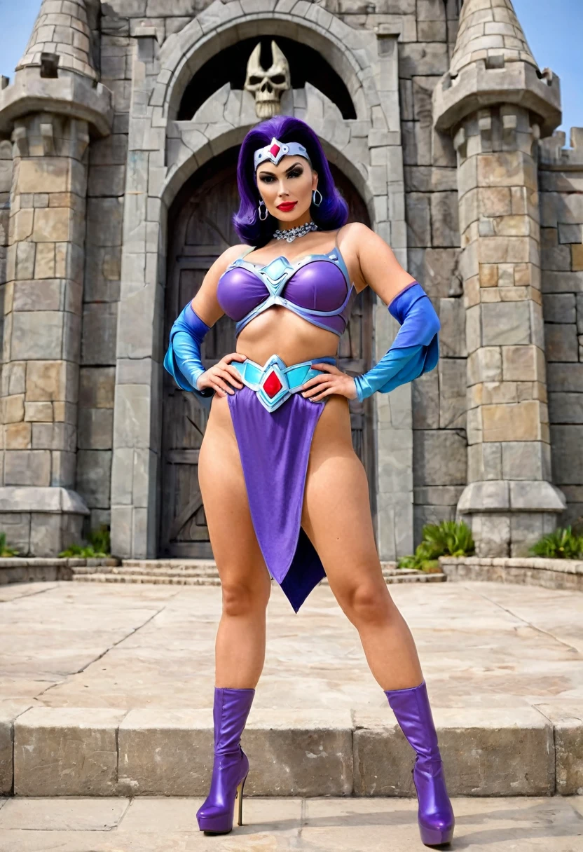 Full body shot of a beautiful female with a curvy thick body and large full natural breasts, Evil-Lyn from Masters of the Universe, wearing high heel shoes, standing outside of Skeletor's Castle