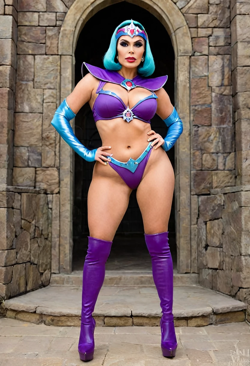 Full body shot of a beautiful female with a curvy thick body and large full natural breasts, Evil-Lyn from Masters of the Universe, wearing high heel shoes, standing outside of Skeletor's Castle