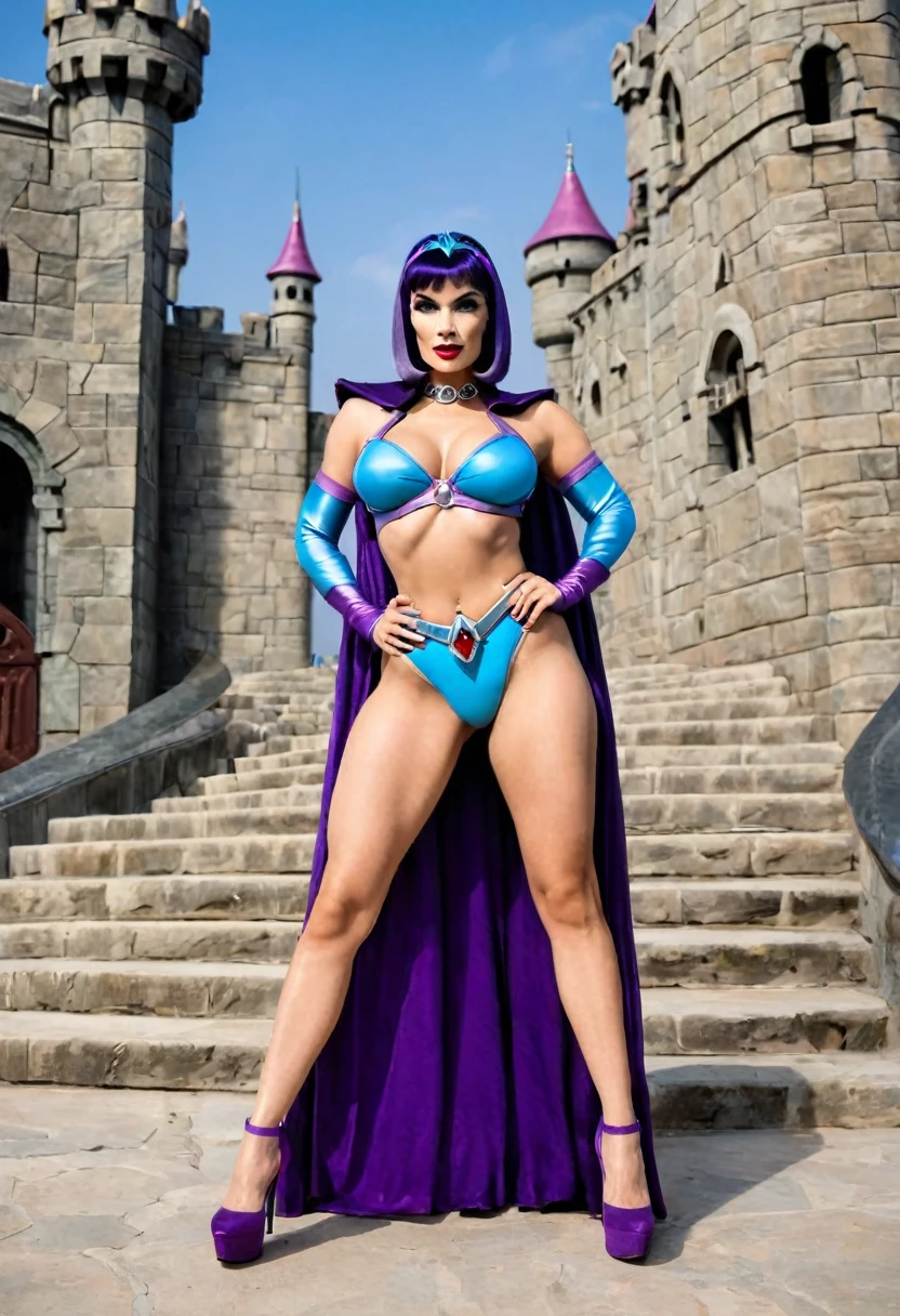 Full body shot of a beautiful female with a curvy thick body and large full natural breasts, Evil-Lyn from Masters of the Universe, wearing high heel shoes, standing outside of Skeletor's Castle