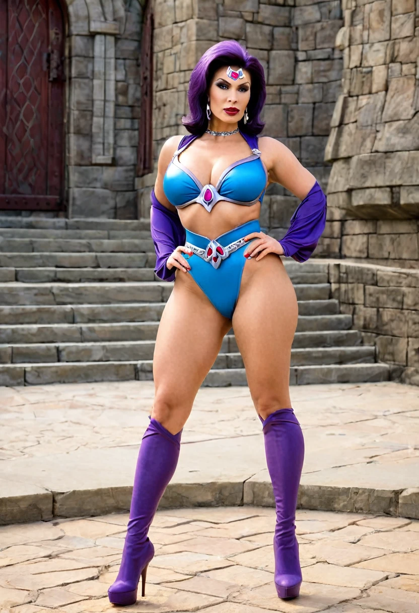 Full body shot of a beautiful female with a curvy thick body and large full natural breasts, Evil-Lyn from Masters of the Universe, wearing high heel shoes, standing outside of Skeletor's Castle