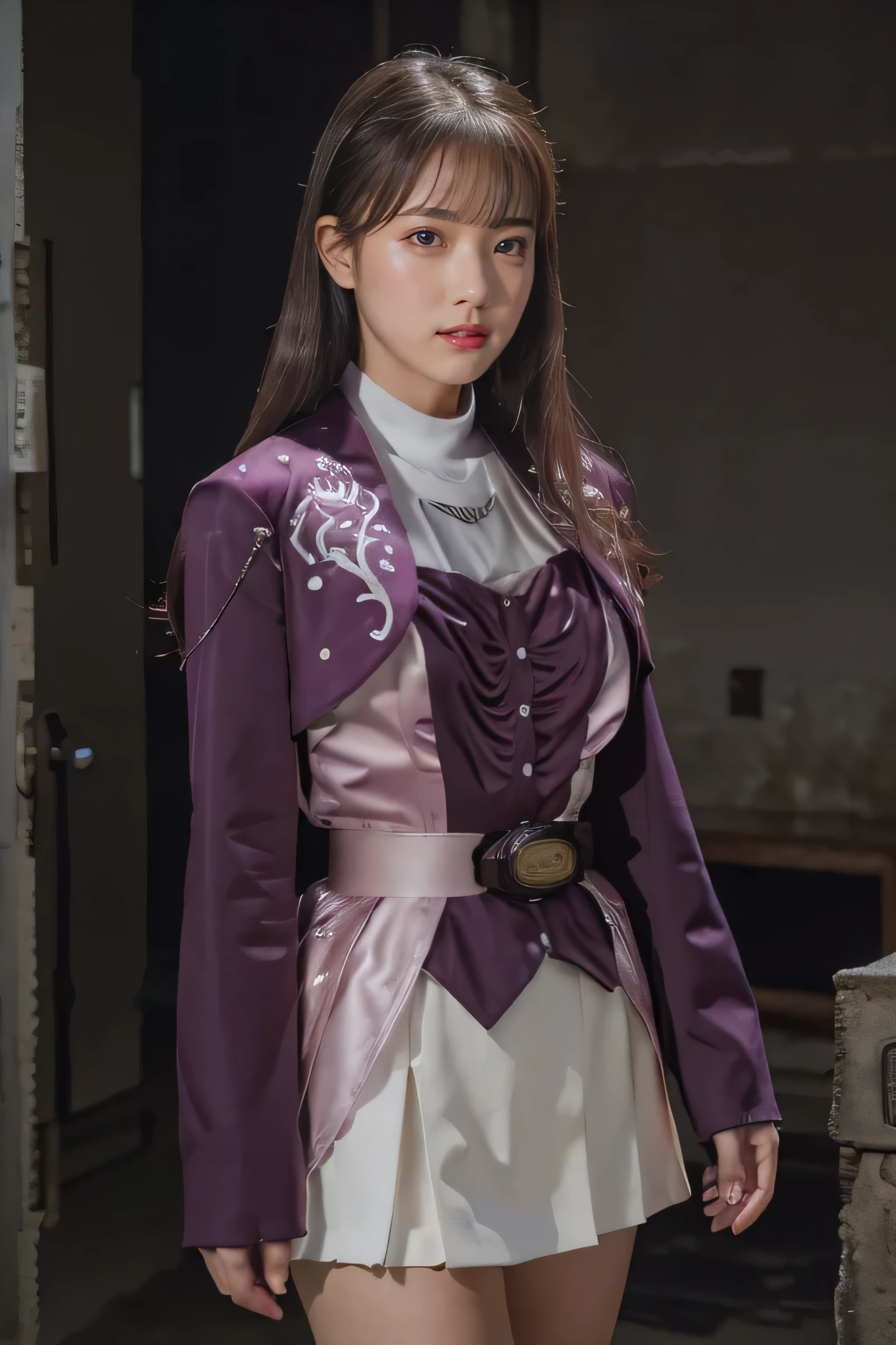 (High-definition CG), ( best quality ), ((In a dark prison )),(ruins),( Dark Background ),(( 1girl )), perfect face, Shiny Skin , wide hips , Thin Waist, May, purple bolero jacket,White Skirt, Long Sleeve , Pink Belt, Brown Hair, straight hair, ((Very frightened expression ))