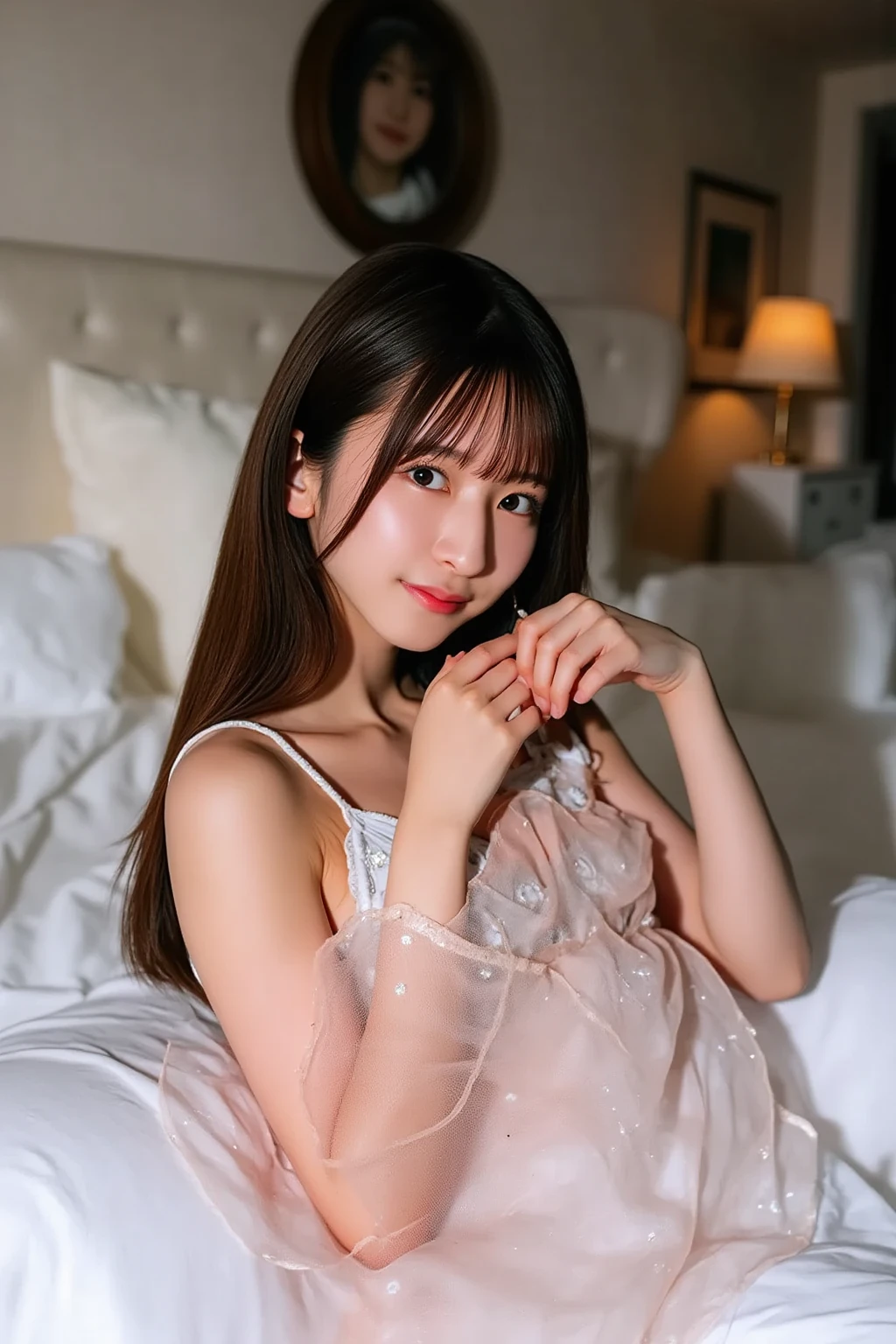  (((Best Quality, very detailed ,masterpiece, very detailed ))) ,(((Leg spread))),(( feet )),Loose breasts,A see-through camisole,one piece,裸feet,One Girl,Realistic,bedroom、 looks sleepy