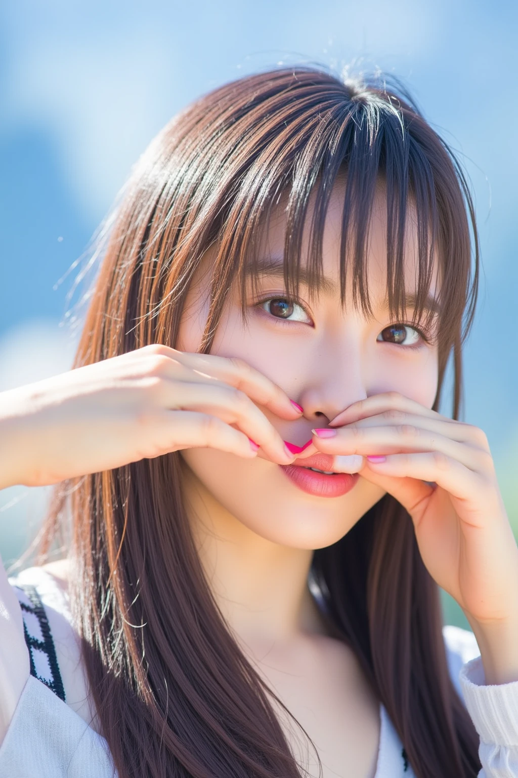    cute high school girl、 The background is a bright blue sky with a soft blur effect {x} staring at the camera with a slightly shy expression {x} posing with both hands making a firm big heart shape and holding it in front of her chest, 明るく楽しそうなsmile、 slightly embarrassed expression ,  staring at the camera ,  hair up to the shoulders 、Light waves 、 with bangs softly covering her forehead , 彼女は camisoleを着ており、A refreshing impression,  the background is a bright blue sky with a soft blur effect 、リアルなphotograph風のスタイル、 like it was taken with a professional camera , Soft natural light、(Healthy and young々Fresh skin)、 shot with a professional camera 、 she has a bright and happy smile 、High image quality  , 32K,     Extremely Accurate Anatomy   , masterpiece, Realistic,   very detailed , photograph,   Kampala , ((Heart shaped hands:2.78, Cute hairstyle)), Smoother light, Official Art,   Boundary depth description  ,  bright light, Detailed face, ((smile:1.0)),  eyes in the shape of a heart,    skin with real texture    ,   camisole