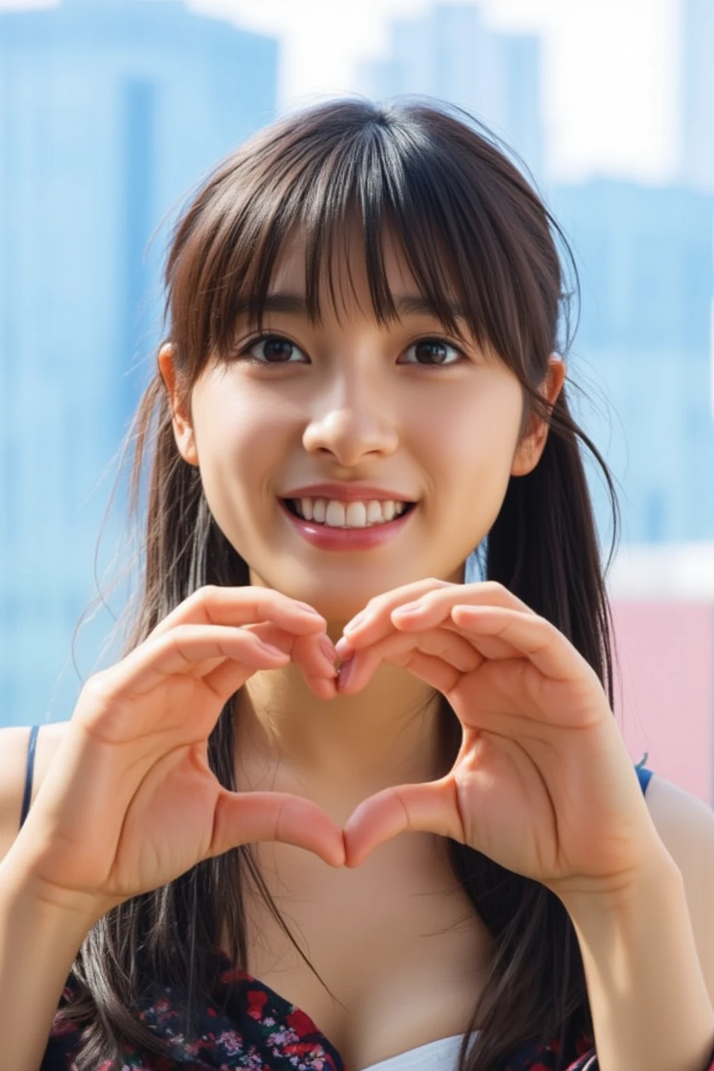    cute high school girl、 The background is a bright blue sky with a soft blur effect {x} staring at the camera with a slightly shy expression {x} posing with both hands making a firm big heart shape and holding it in front of her chest, 明るく楽しそうなsmile、 slightly embarrassed expression ,  staring at the camera ,  hair up to the shoulders 、Light waves 、 with bangs softly covering her forehead , 彼女は camisoleを着ており、A refreshing impression,  the background is a bright blue sky with a soft blur effect 、リアルなphotograph風のスタイル、 like it was taken with a professional camera , Soft natural light、(Healthy and young々Fresh skin)、 shot with a professional camera 、 she has a bright and happy smile 、High image quality  , 32K,     Extremely Accurate Anatomy   , masterpiece, Realistic,   very detailed , photograph,   Kampala , ((Heart shaped hands:2.78, Cute hairstyle)), Smoother light, Official Art,   Boundary depth description  ,  bright light, Detailed face, ((smile:1.0)),  eyes in the shape of a heart,    skin with real texture    ,   camisole