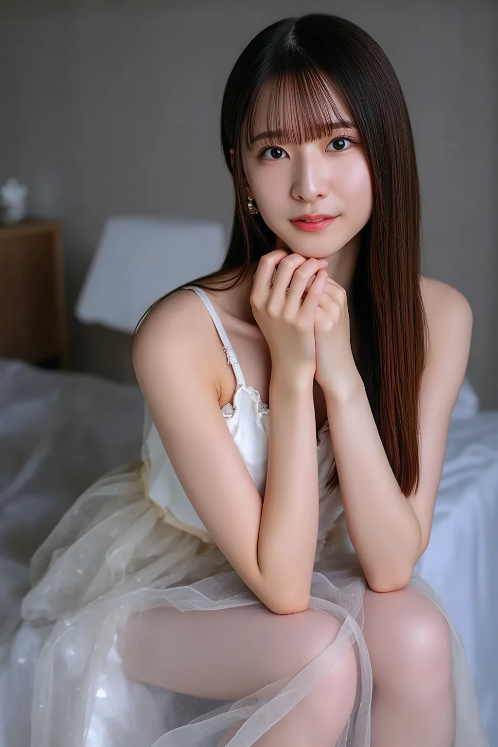  (((Best Quality, very detailed ,masterpiece, very detailed ))) ,(((Leg spread))),((  looks sleepy、barefoot )),Loose breasts,A see-through camisole,one piece,barefoot,One Girl,Realistic,bedroom、