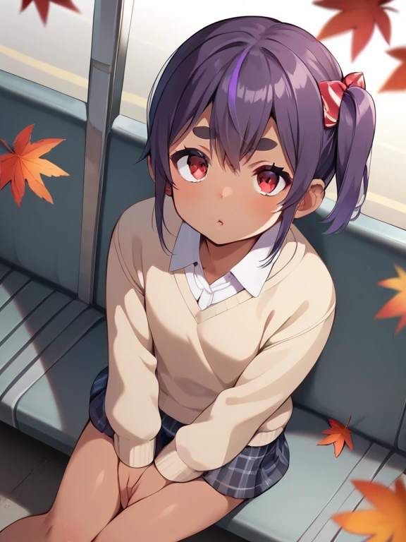  score_9,  score_8_up,  score_7_up, anime break， High image quality ，4K quality, (cute ganglo female middle school student)，Artwork，Best Quality, Extremely sophisticated， Dutch angle, anime， large school sweater 、 plaid plaid skirt ,The skin was tanned, ,Dark Skin、Very short stature， toddler figure ， flat chest，baby face,Hands Between Legs,break, multicolor dark purple hair , side ponytail , short hair with long highlights,break,Red eyes， thick eyebrows，Expressionless，Detailed lips，False eyelashes，break, red cotton ribbon ,break,break, micro skirt ,break,Tilt your head，Looking up，Autumn leaves，Bus stop view ， waiting for the bus ，Sitting，