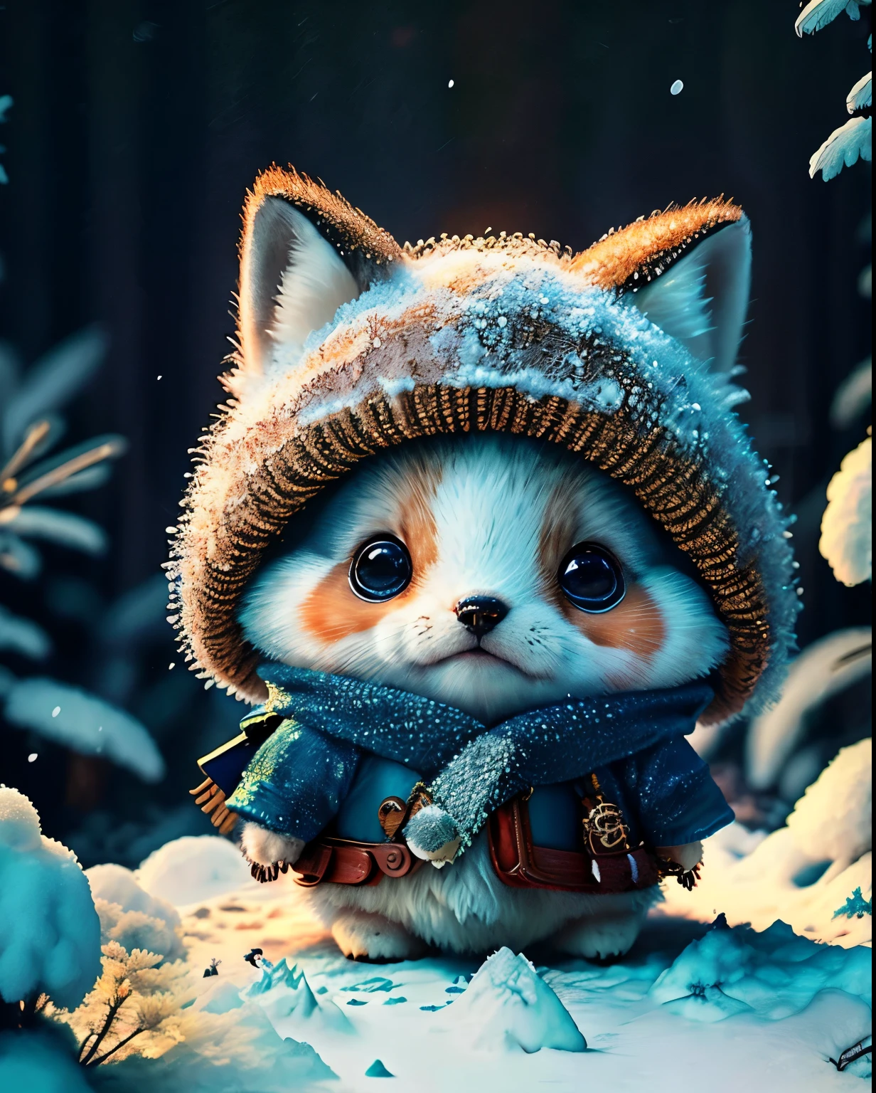 Highest quality、" 大きな斧を手に持つcute生き物たち. 、（Location: Forest ）,The season is winter、 Japanese wolf、  Details , In 8K、Highest quality、 cute creatures dressed as adventurers 、 medieval adventurer costume  、(((cute)))、