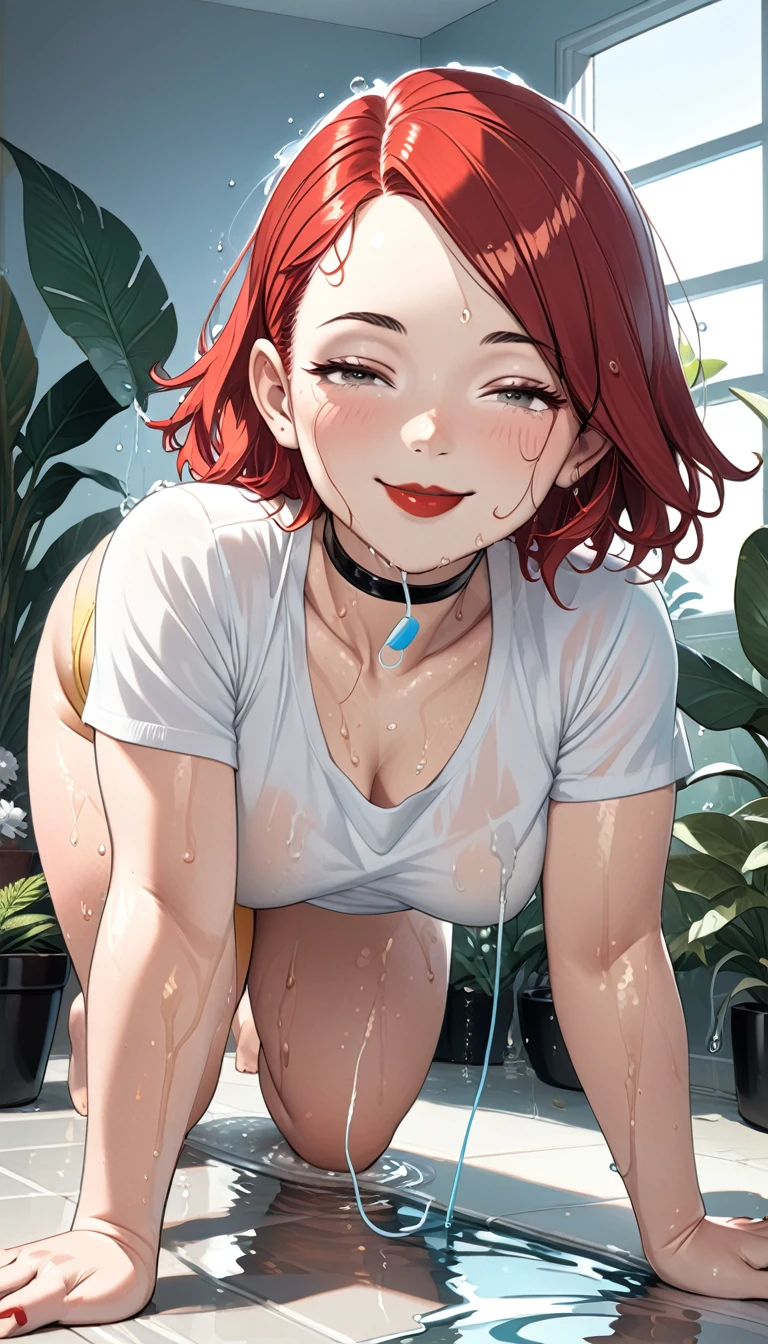 
frankie foster, Red hair,   basic white t-shirt and yellow panties dental floss,red lipstick  ,    black leather choker   , exposed legs ,thick thighs.,    shiny, oily skin   ,
,focus only,  half-closed eyes ,  smiling,  (pose on all fours,pose on all fours no chão),in the room,wet,water, plants