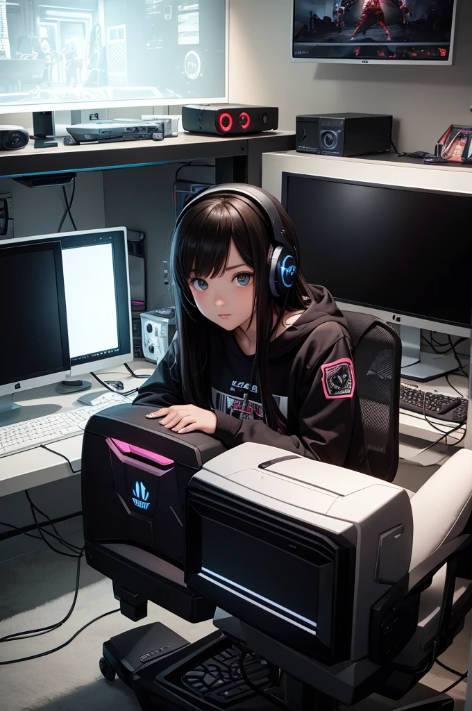 cute girl, gaming room, gaming computer, led lights, dark room, modern room, messy room