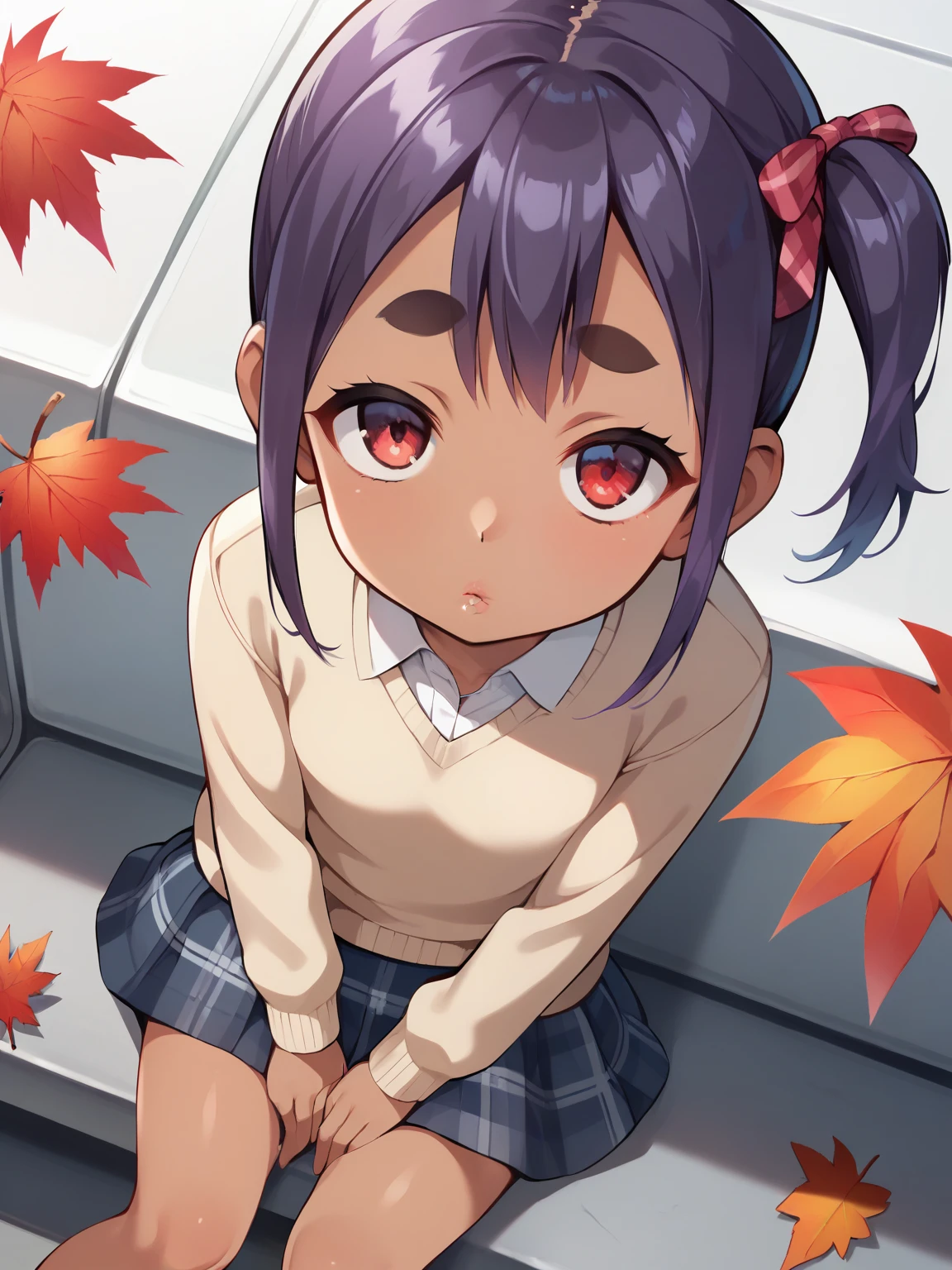  score_9,  score_8_up,  score_7_up, anime break， High image quality ，4K quality, (cute ganglo female middle school student)，Artwork，Best Quality, Extremely sophisticated， Dutch angle, anime， large school sweater 、 plaid plaid skirt ,The skin was tanned, ,Dark Skin、Very short stature， toddler figure ， flat chest，baby face,Hands Between Legs,break, multicolor dark purple hair , side ponytail , short hair with long highlights,break,Red eyes， thick eyebrows，Expressionless，Detailed lips，False eyelashes，break, red cotton ribbon ,break,break, micro skirt ,break,Tilt your head，Looking up，Autumn leaves，Bus stop view ， waiting for the bus ，Sitting，