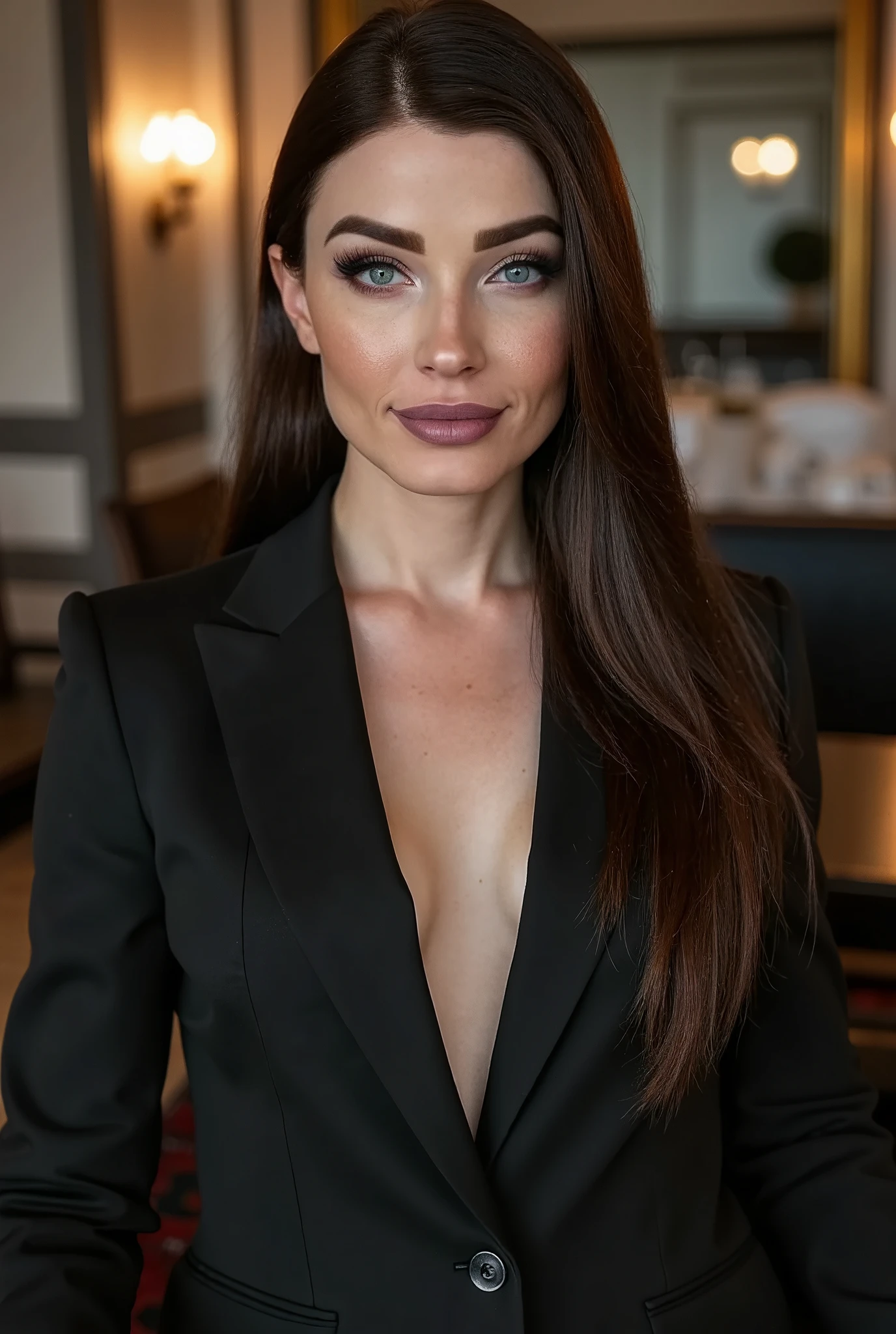 Natalie Mars (nat4liem4rsflx), a beautiful female business executive wearing an leather Armani business suit with a open black button down shirt, Silky long hair, perfect teeth, strong seductive makeup, bedroom eyes, cinematic lighting, a corporate photography, top executive office in the background, at night