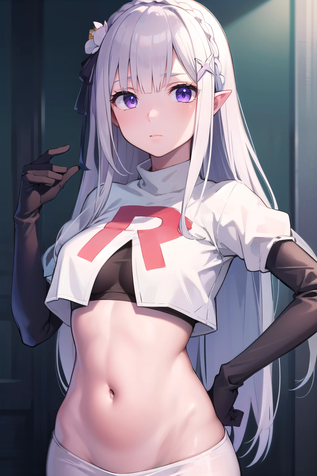 rezeroemilia, emilia, braid, crown braid, flower, hair flower, hair ornament, hair ribbon, long hair, low-tied long hair, (purple eyes:1.2), pointy ears, white flower, x hair ornament,
BREAK low-tied long hair, navel, team rocket,team rocket uniform,white skirt,red letter R,crop top,black thigh-highs,black elbow gloves,
BREAK looking at viewer, cowboy shot,
BREAK (masterpiece:1.2), best quality, high resolution, unity 8k wallpaper, (illustration:0.8), (beautiful detailed eyes:1.6), extremely detailed face, perfect lighting, extremely detailed CG, (perfect hands, perfect anatomy),