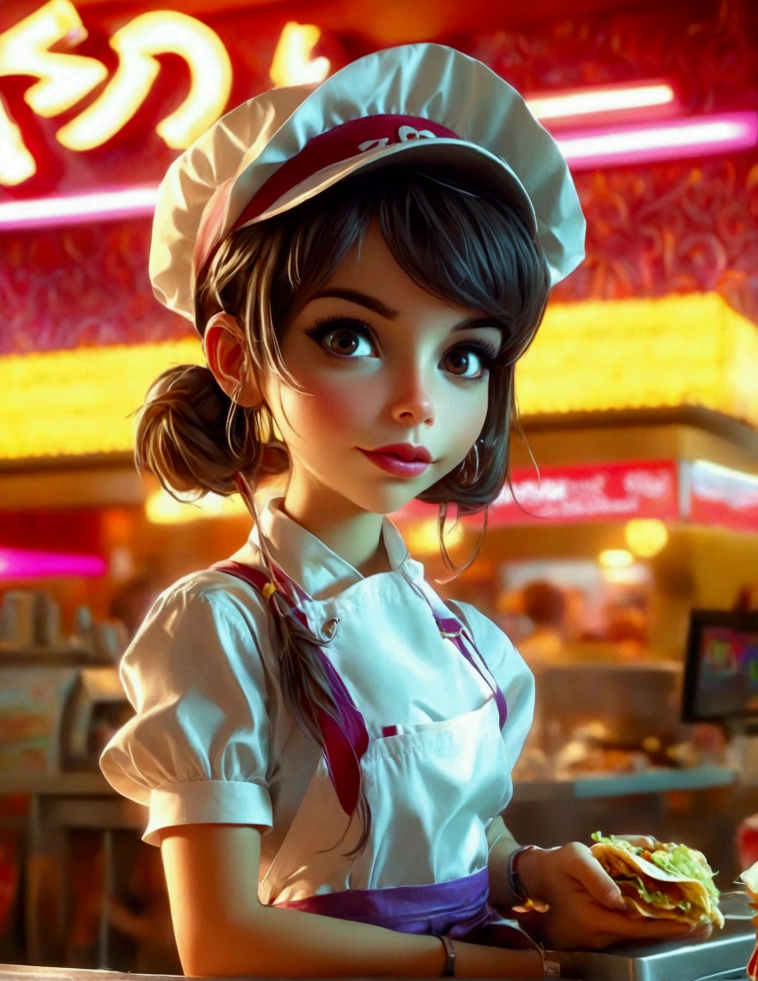 A cute android fast food worker in an apron and cap, awkwardly happy poses, working the cash register at a crowded, busy Taco Bell, 1girl, detailed face, detailed eyes, detailed lips, hyperrealistic, studio lighting, 8k, extremely detailed, intricate, highly detailed, photorealistic, digital art, concept art, vibrant colors, warm lighting
