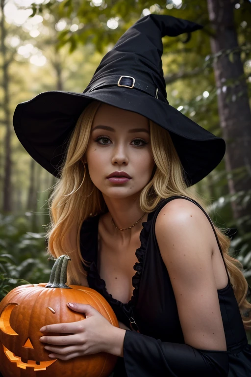 Iggy Azalea as a Halloween Witch, (iggy4z4)beautiful gothic witch , ((Detailed face:1.1, Detailed eyes,  Beautiful Detailed Lips , Beautiful Skin)), Long blonde hair, Bright smile, Looking up, Witch Hat, black gothic dress , (( Halloween pumpkin object , Sit on an object)), Dark forest background, (Best Quality:1.2, very detailed, super high definition, high contrast , masterpiece:1.2, Best aesthetics), Cinematic lighting, Dramatic Shadows, 