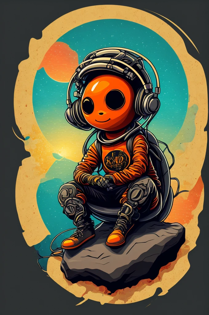 An alien sitting on a rock in a relaxed position, with a headset, in a circle, with white background and art vector style, in a vibrant and characteristic sunset, with detailed and sharp outline, as a t-shirt logo in the style of art