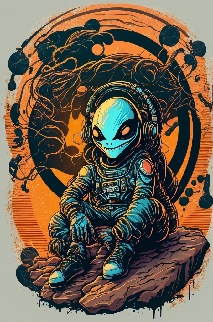 An alien sitting on a rock in a relaxed position, with a headset, in a circle, with white background and art vector style, in a vibrant and characteristic sunset, with detailed and sharp outline, as a t-shirt logo in the style of art