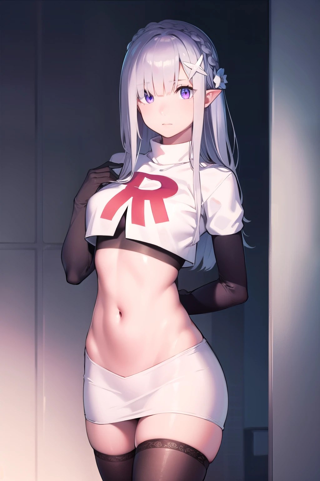 rezeroemilia, emilia, braid, crown braid, flower, hair flower, hair ornament, hair ribbon, long hair, low-tied long hair, (purple eyes:1.2), pointy ears, white flower, x hair ornament,
BREAK low-tied long hair, navel, team rocket,team rocket uniform,white skirt,red letter R,crop top,black thigh-highs,black elbow gloves,
BREAK looking at viewer, cowboy shot,
BREAK (masterpiece:1.2), best quality, high resolution, unity 8k wallpaper, (illustration:0.8), (beautiful detailed eyes:1.6), extremely detailed face, perfect lighting, extremely detailed CG, (perfect hands, perfect anatomy),