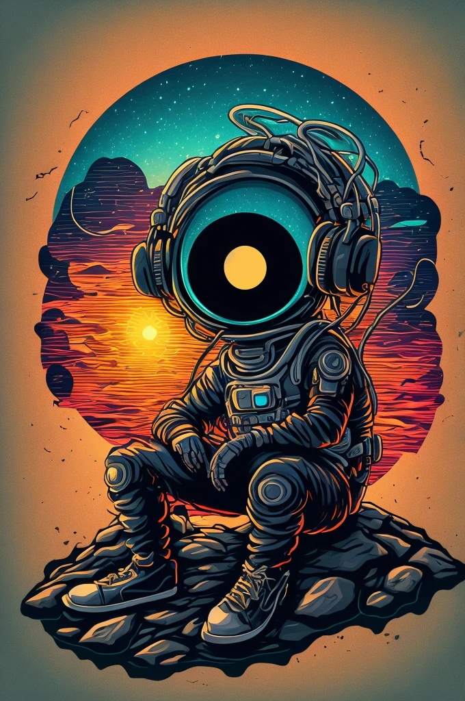 An alien sitting on a rock in a relaxed position, with a headset, in a circle, with white background and art vector style, in a vibrant and characteristic sunset, with detailed and sharp outline, as a t-shirt logo in the style of art