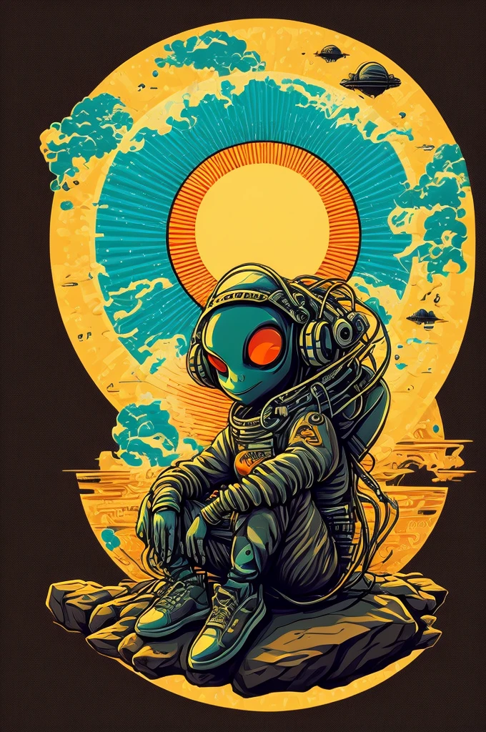 An alien sitting on a rock in a relaxed position, with a headset, in a circle, with white background and art vector style, in a vibrant and characteristic sunset, with detailed and sharp outline, as a t-shirt logo in the style of art