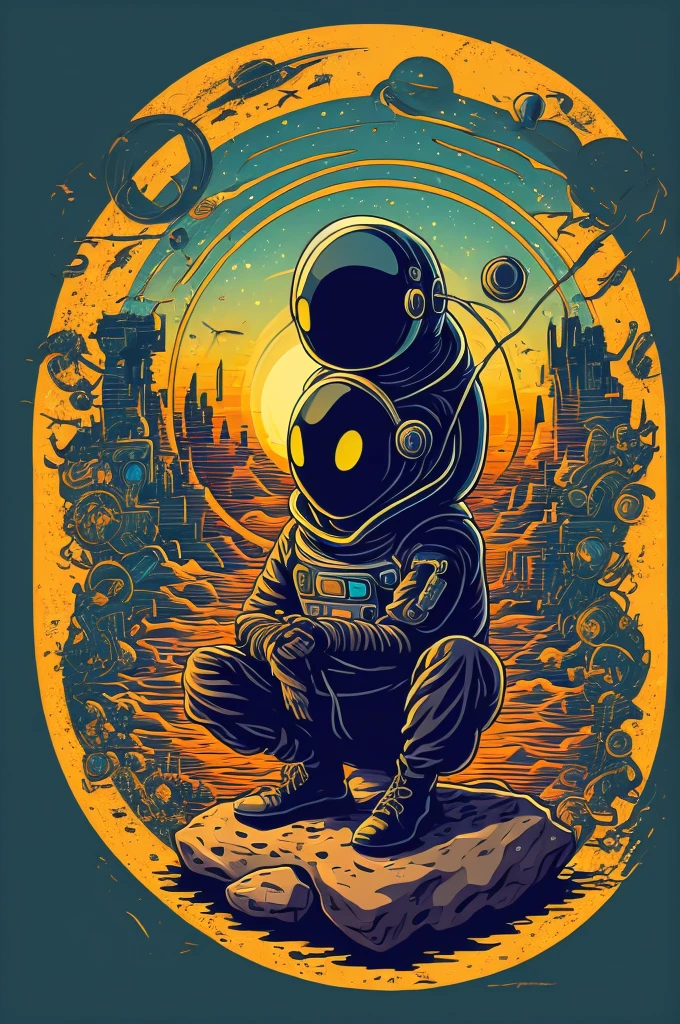 An alien sitting on a rock in a relaxed position, with a headset, in a circle, with white background and art vector style, in a vibrant and characteristic sunset, with detailed and sharp outline, as a t-shirt logo in the style of art