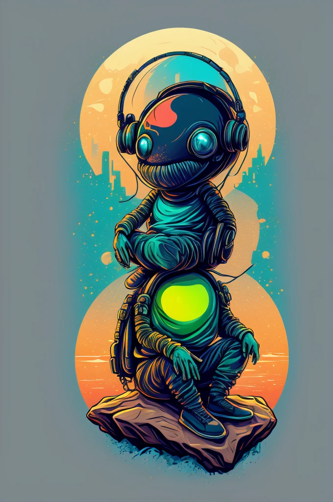 An alien sitting on a rock in a relaxed position, with a headset, in a circle, with white background and art vector style, in a vibrant and characteristic sunset, with detailed and sharp outline, as a t-shirt logo in the style of art