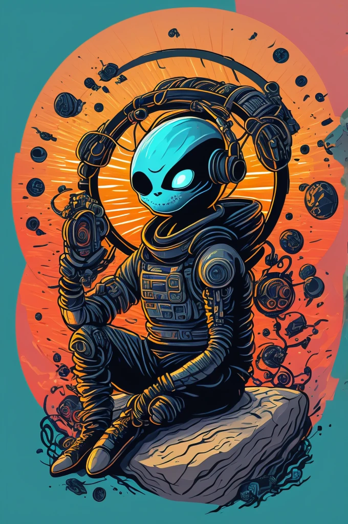 An alien sitting on a rock in a relaxed position, with a headset, in a circle, with white background and art vector style, in a vibrant and characteristic sunset, with detailed and sharp outline, as a t-shirt logo in the style of art