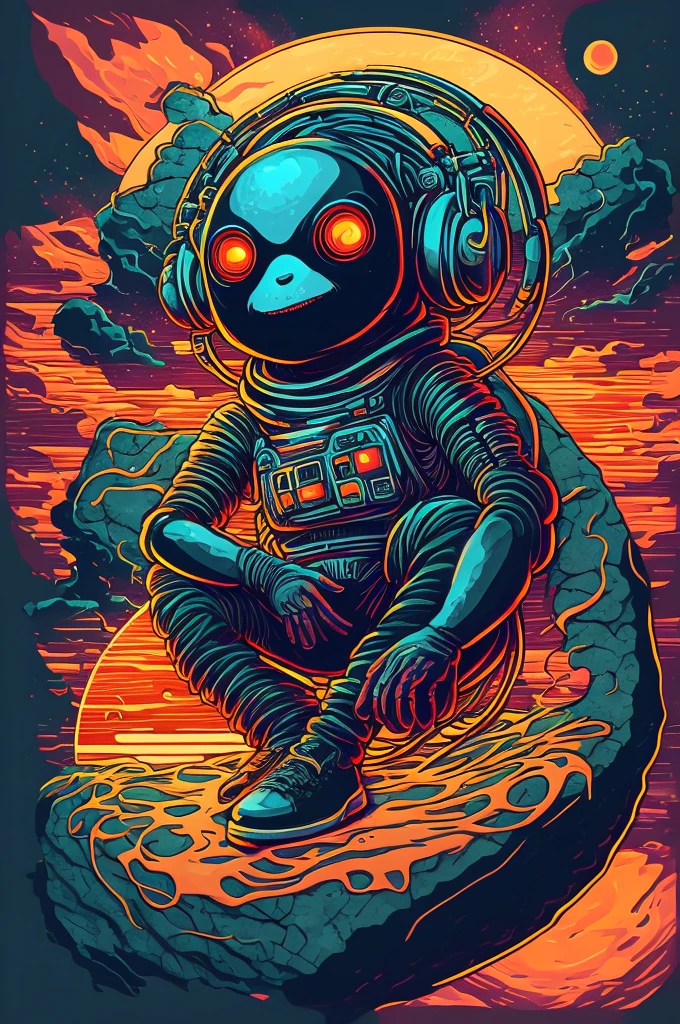 An alien sitting on a rock in a relaxed position, with a headset, in a circle, with white background and art vector style, in a vibrant and characteristic sunset, with detailed and sharp outline, as a t-shirt logo in the style of art