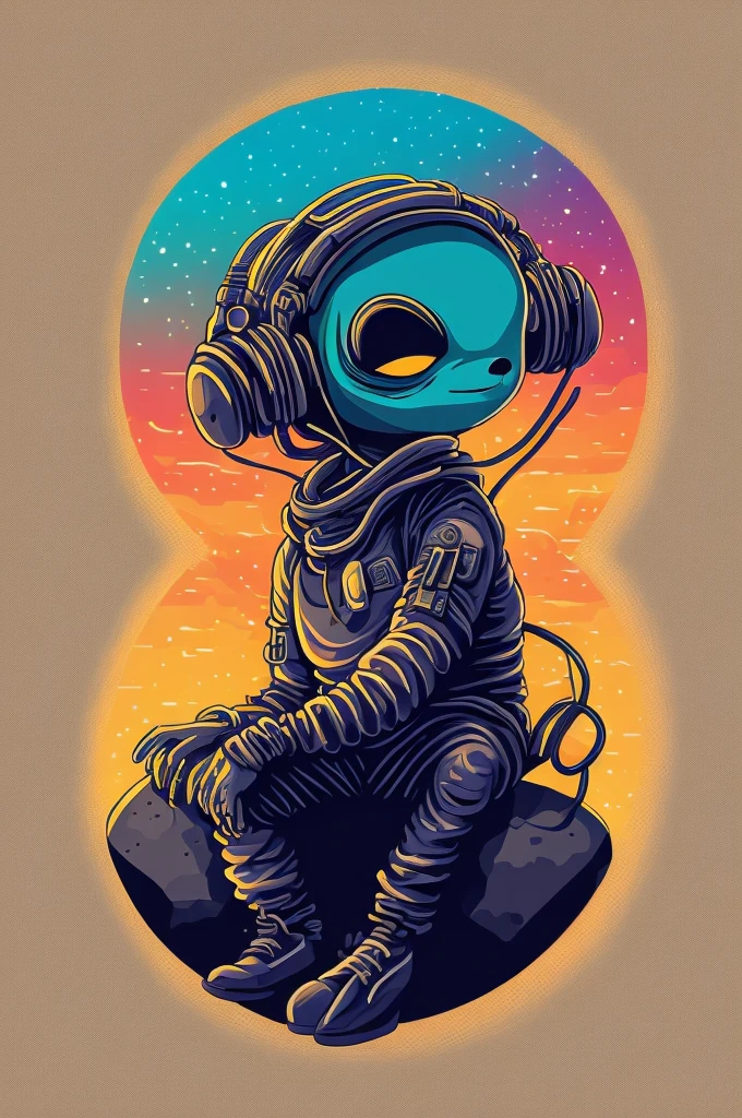 An alien sitting on a rock in a relaxed position, with a headset, in a circle, with white background and art vector style, in a vibrant and characteristic sunset, with detailed and sharp outline, as a t-shirt logo in the style of art