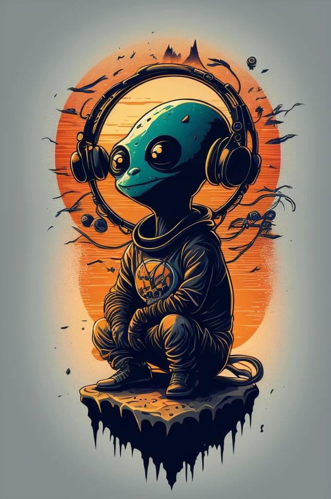 An alien sitting on a rock in a relaxed position, with a headset, in a circle, with white background and art vector style, in a vibrant and characteristic sunset, with detailed and sharp outline, as a t-shirt logo in the style of art