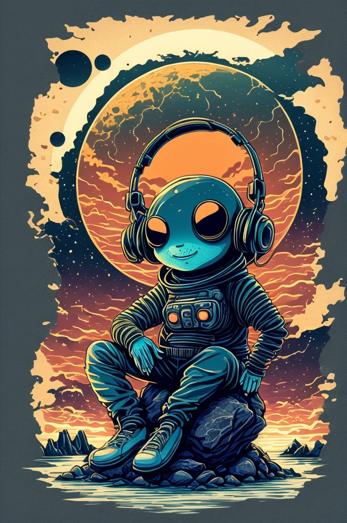 An alien sitting on a rock in a relaxed position, with a headset, in a circle, with white background and art vector style, in a vibrant and characteristic sunset, with detailed and sharp outline, as a t-shirt logo in the style of art