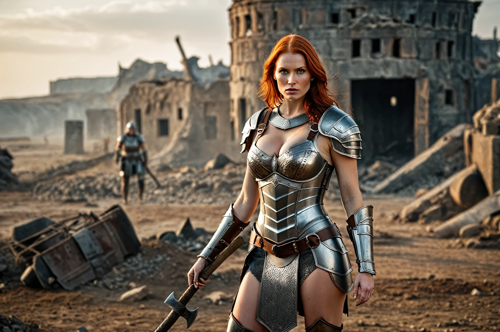 high quality portrayal, sharp facial features, sharp features, hawkish features, ultra-detailed features, ((realistic, photorealistic)). Gorgeous slim body, tight-fitting outfit, cleavage outfit, ((huge breasts)), ((large breasts)), mature redhead woman, Valkyrie warrior, dressed in steel iron armor, dented, impacts of blows, damaged, beaten (highly detailed armor), detailed costume, ((detailed apparels)). Body with scars, bumps, bruises detailed features. She is standing, holding a long steel axe in one of its hands. She is in the battlefield, it can be seen remnants and vestiges of a brutal battle. in the background the surroundings of epic battlefield can be seen in detail. ((sharp depth of field), ((intricate detail, detailed textures)), bright lighting, soft lighting, Global illumination.