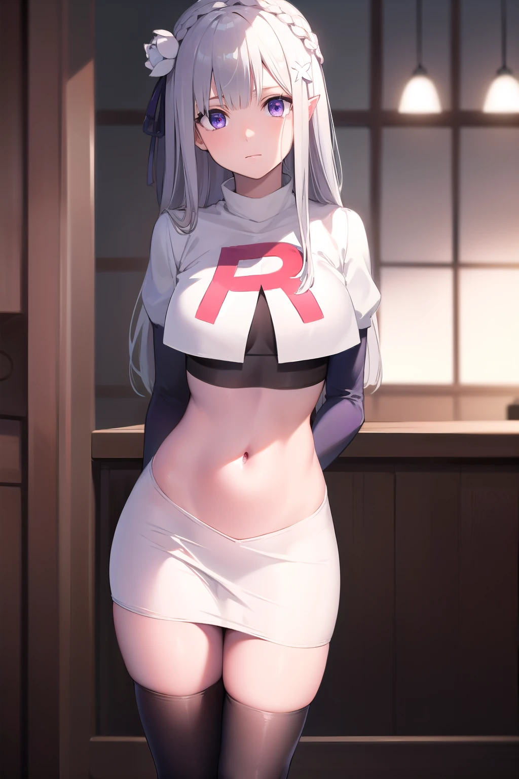 rezeroemilia, emilia, braid, crown braid, flower, hair flower, hair ornament, hair ribbon, long hair, low-tied long hair, (purple eyes:1.2), pointy ears, white flower, x hair ornament,
BREAK low-tied long hair, navel, team rocket,team rocket uniform,white skirt,red letter R,crop top,black thigh-highs,black elbow gloves,
BREAK looking at viewer, cowboy shot,
BREAK (masterpiece:1.2), best quality, high resolution, unity 8k wallpaper, (illustration:0.8), (beautiful detailed eyes:1.6), extremely detailed face, perfect lighting, extremely detailed CG, (perfect hands, perfect anatomy),