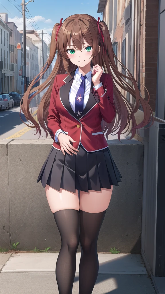 ((masterpiece)),(best quality),official art,extremely delicate and beautiful,extremely detailed CG,unity 8k wallpaper,ultra detailed,beautiful detailed eyes,extremely detailed face,outdoors,1girl,solo,cowboy shot,looking at viewer,facing viewer,smile,Tomizawa Erisu,long hair,brown hair,twintails,two side up,hair ribbon,red ribbon,sidelocks,hair between eyes,bangs,green eyes,school uniform,red jacket,blazer,buttons,blue necktie,collared shirt,white shirt,large breasts,long sleeves,miniskirt,black skirt,pleated skirt,zettai ryouiki,black thighhighs,loafers,brown footwear,